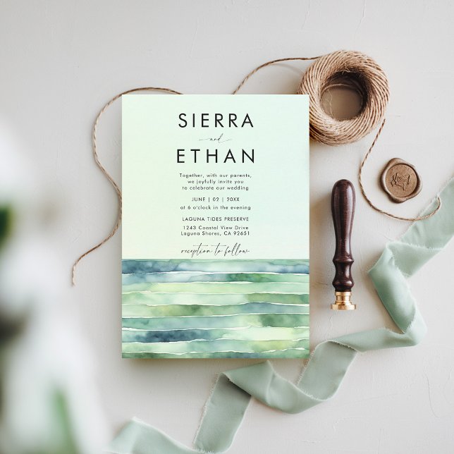 Kuststrutsfloden Bassäng Sea Grönt Rand Bröllop Inbjudningar (coastal wedding invitation rocky beach tide pool sea sage green stripes elegant modern romantic)