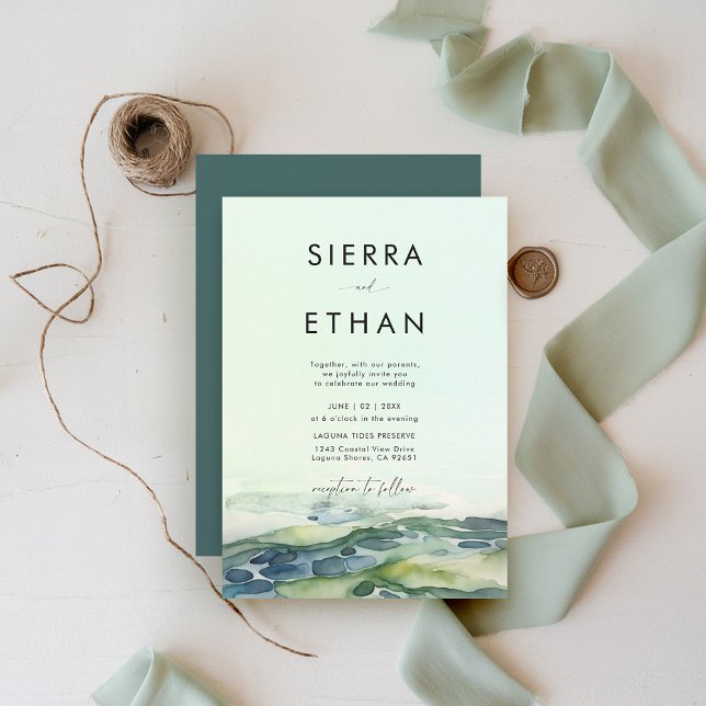 Kuststrutsstränderna Bassäng Grönt Modern Bröllop Inbjudningar (coastal wedding invitation rocky beach tide pool sea sage green ecru elegant romantic bright)