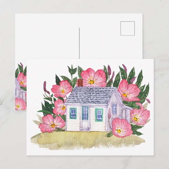 Kuststuga och rosa vildblomma postkort vykort (Fram/baksida)
