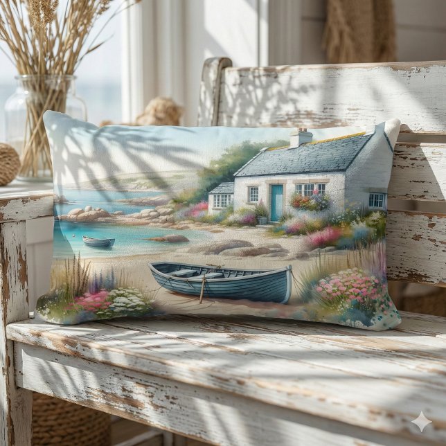 Kuststugans akvarell havsutsikt lumbarkudde (Coastal Cottage Watercolor Seaside Scene Lumbar Pillow Mockup A)