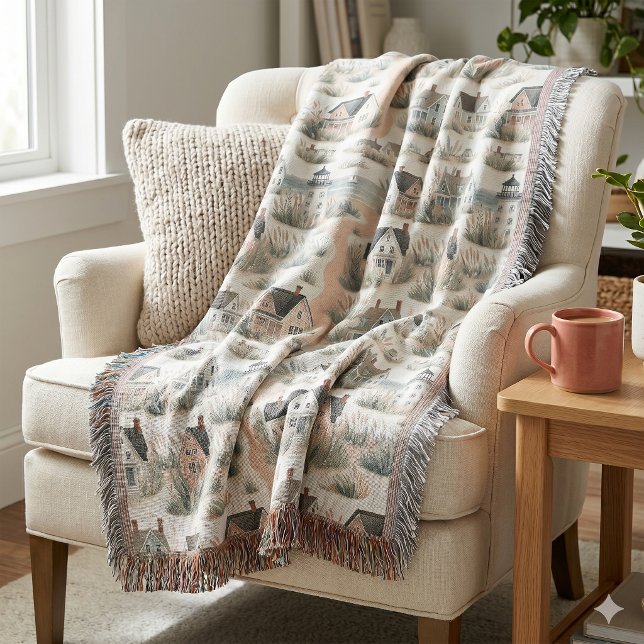 Kuststugans fyr-mönster filt (Coastal Cottage Lighthouse Pattern Throw Blanket)