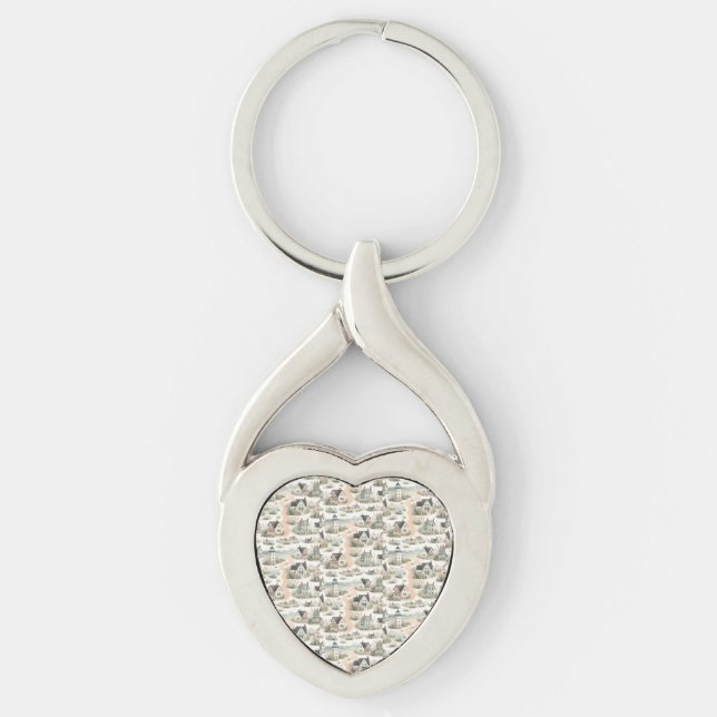 Kuststugans fyr-mönster twisted heart silverfärgad nyckelring (Framsidan)