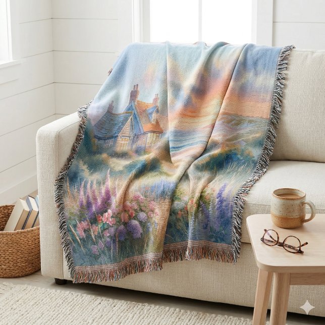 Kuststugans solnedgångsdyner Akvarell Filt (Coastal Cottage Sunset Dunes Watercolor Throw Blanket)