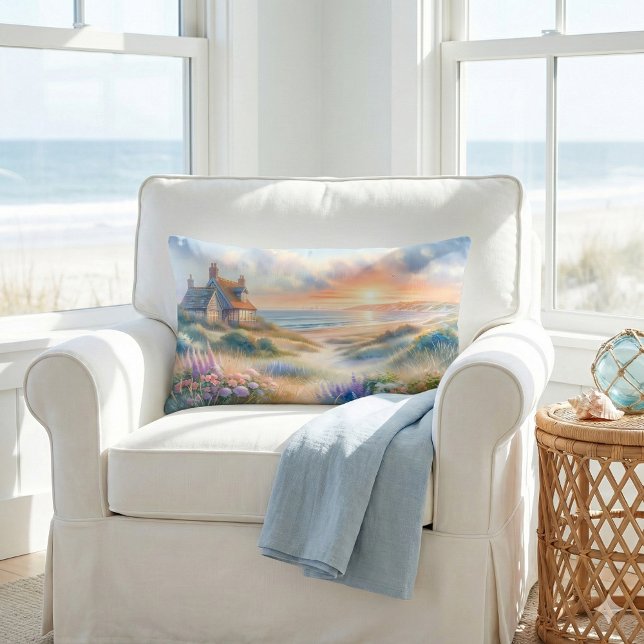 Kuststugans solnedgångsdyner Akvarell Lumbarkudde (Coastal Cottage Sunset Dunes Watercolor Lumbar Pillow)