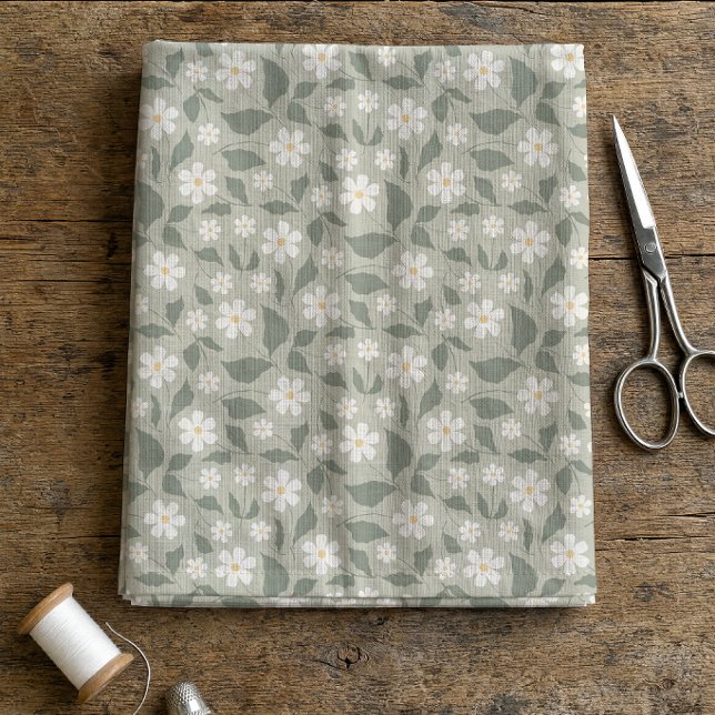 Kuststugans tusenskönas botaniska dämpade salvia tyg (Coastal Cottage Sweet Daisy sage fabric by Erica MacDonald.)