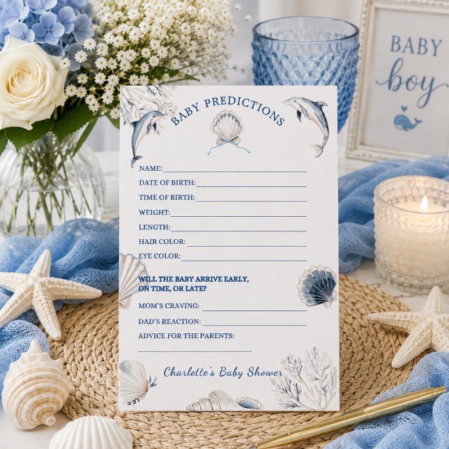 Kusttema Baby Shower Gissningslek (Coastal Baby Shower Boy Predictions Game card)