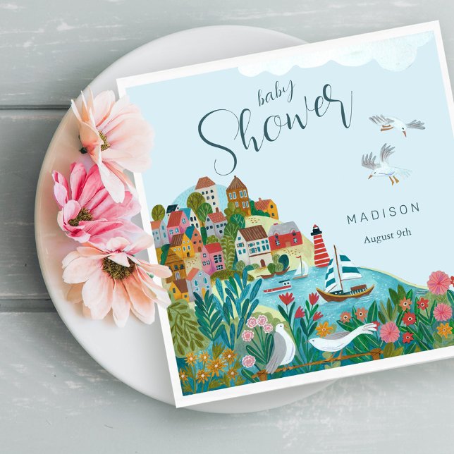 Kusttema baby shower party för pojke pappersservett (It takes a village boy baby shower party napkins)