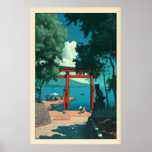 Kusttorii-grindtryck i Hasui Kawase-stil, blå Poster