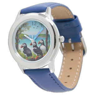 Kusttrio: tre Puffins vid stranden i oljor Armbandsur