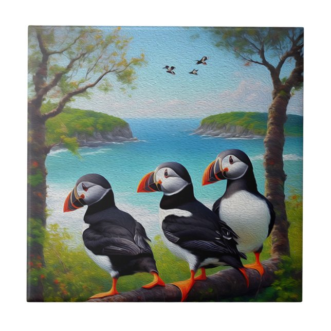Kusttrio: tre Puffins vid stranden i oljor Kakelplatta (Framsidan)