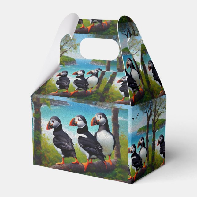 Kusttrio: tre Puffins vid stranden i oljor Presentaskar (Framsidan Sidan)