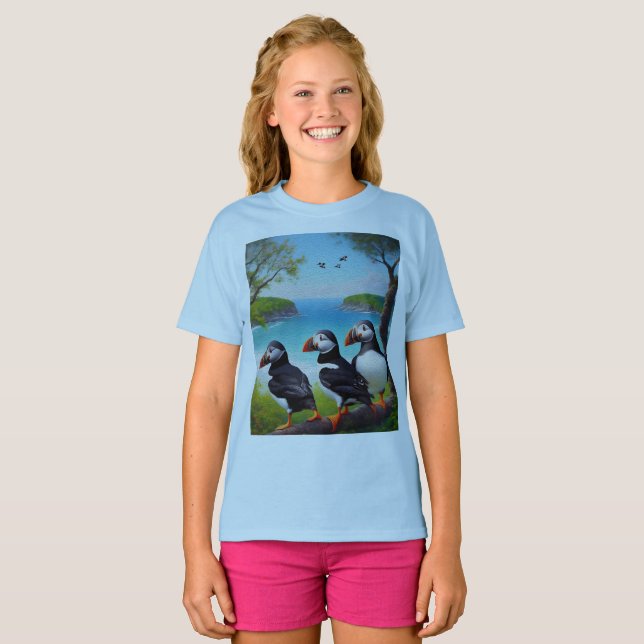Kusttrio: tre Puffins vid stranden i oljor T Shirt (Hel framsida)