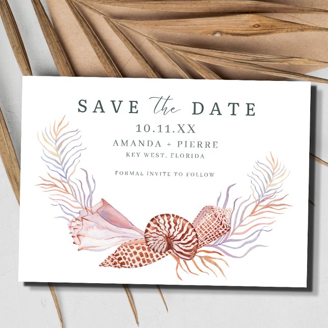 Kustvasellschaktbäcksbröllop Spara datumet (Coastal Seashell Beach Wedding Save the Date)
