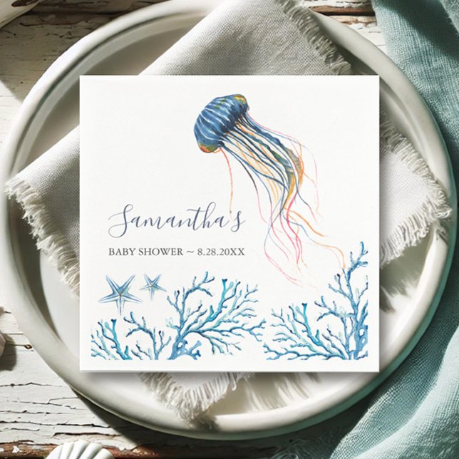 Kustvattenfärg, geléfiskens Personlig Napkins Pappersservett (Under the sea baby shower napkins watercolor art by Victoria Grigaliunas Do Tell A Belle)
