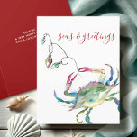 Kustvattenfärg Krabbstrand Jul Helgkort<br><div class="desc">Denna julkort med kusttema visar min originella akvarellmålade krabba med julbelysning i nyanser av rött, grönt, blått och turkos på en krispigt vit bakgrund. Orden "Seas and Greetings" är satta i en modern borsttypsnitt. Insidan har en enfärgad bärnstensröd färg med din anpassade hälsning i vitt. Anpassa orden så att de...</div>