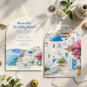 Kustvattenfärg Santorini Grekland Bröllopsdusch Inbjudningar