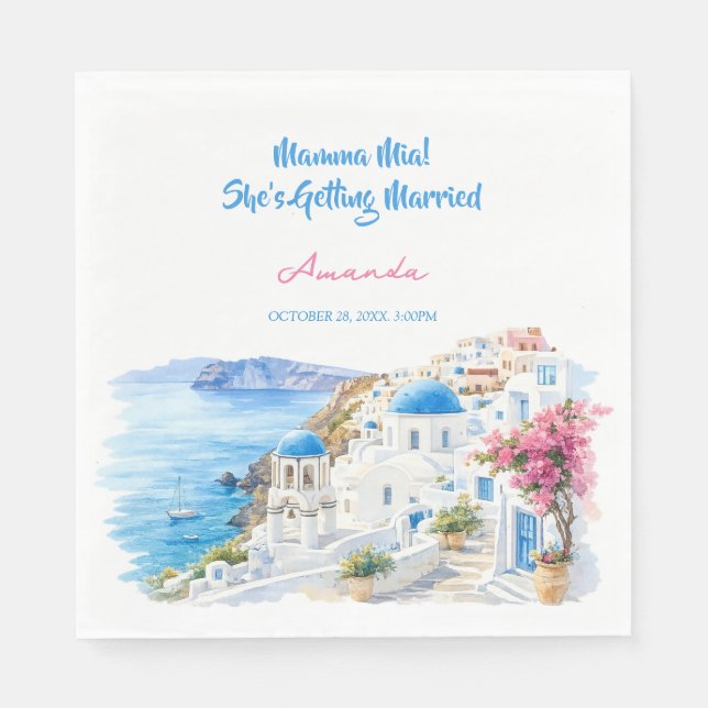 Kustvattenfärg Santorini Grekland Bröllopsdusch Pappersservett (Framsidan)