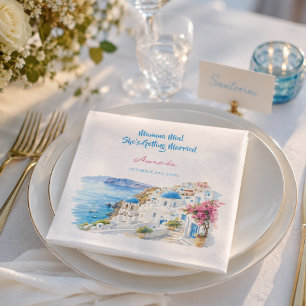 Kustvattenfärg Santorini Grekland Bröllopsdusch Pappersservett