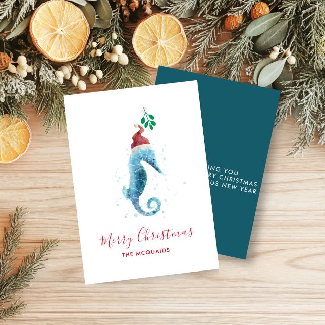 Kustvattenfärg SeaHorse Jul Helgdag Julkort (Coastal Watercolor Seahorse Holiday card)