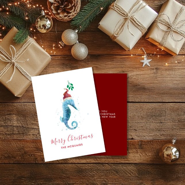 Kustvattenfärg SeaHorse-julkort - Helgdag Helgkort (Watercolor Seahorse coastal Christmas card)