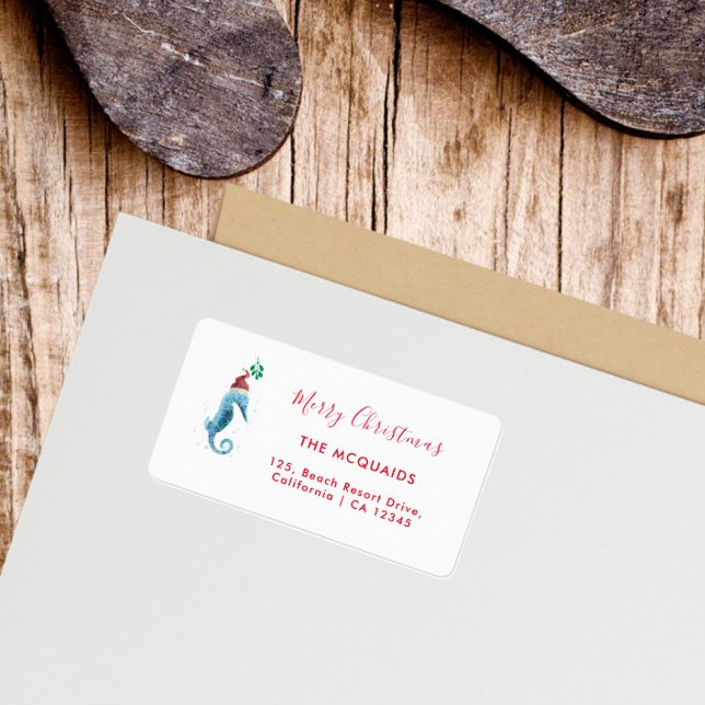 Kustvattenfärgen Sea Horse Jul Helgdag Adressetikett (Watercolor Sea Horse Return Address Label)