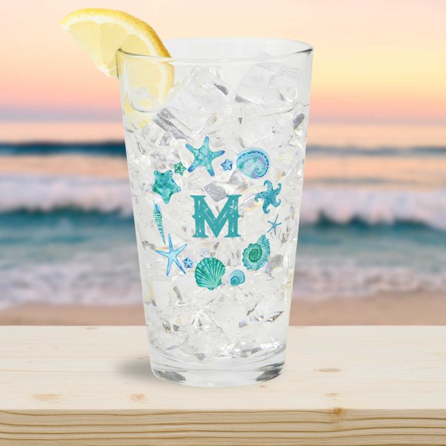 Kustvattenfärgssegeler och Starfish Monogram Glaskopp (Coastal Watercolor Seashells and Starfish Monogram Glass)