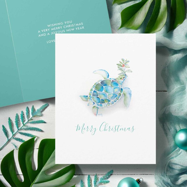 Kustvattens akvarell Havssköldpadda Strand Julkort Helgkort (Coastal Christmas cards turquoise watercolor sea turtle art by Victoria Grigaliunas Do Tell A Belle)