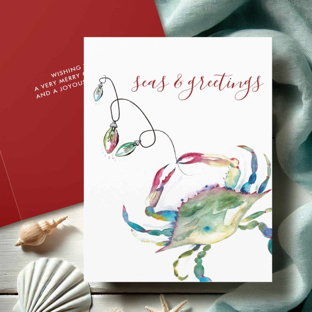 Kustvattens Aquarell Krabb Strand Jul Helgkort (Beach Christmas cards watercolor blue crab art by Victoria Grigaliunas Do Tell A Belle)