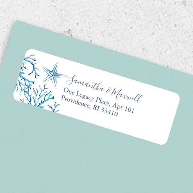 Kustvattensakeri Undervattensadressetiketter Returadress Etikett (Return address sticker features watercolor starfish and sea coral art by Victoria Grigaliunas)