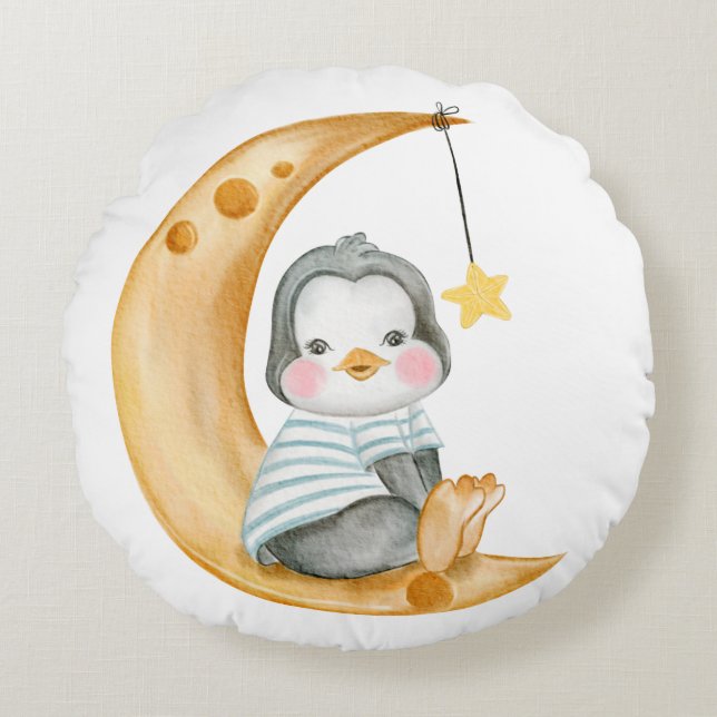 KUTA LITE PENGUIN SITTA PÅ MÅNE & CLOUD RUND KUDDE (Framsidan)