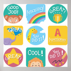 Kute Animal Reward Motivative Classroom-etiketter Poster