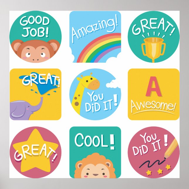 Kute Animal Reward Motivative Classroom-etiketter Poster (Framsidan)