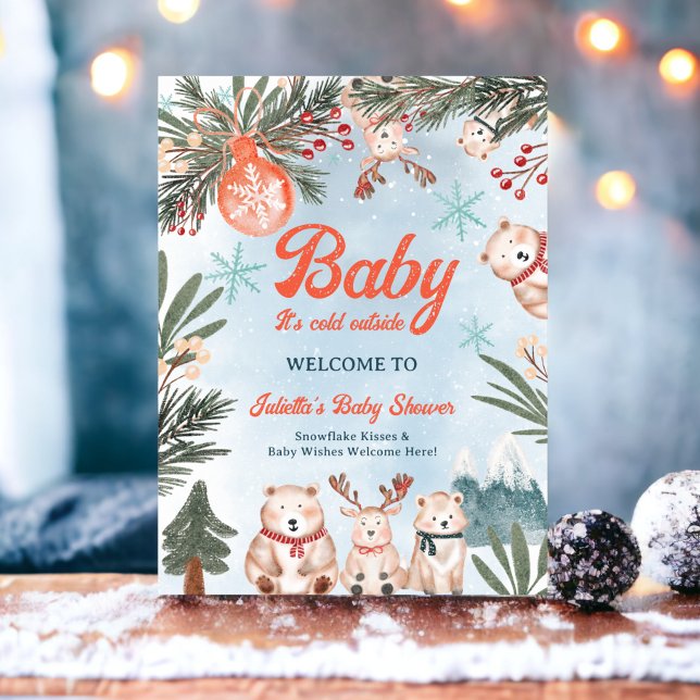 Kute Animals Välkomna Vintern Julbabydusch Poster (Cute Animals Winter Christmas baby shower welcome Poster)