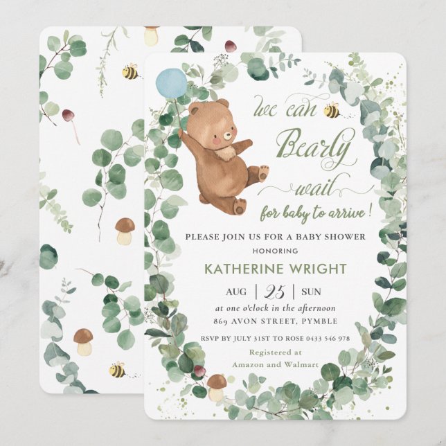 Kute Baby Bear Greenery Boy Shower-inbjudan Inbjudningar (Fram/baksida)