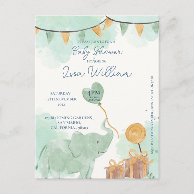 Kute Baby Elephant Balloon Baby Shower-inbjudan Vykort (Framsida)