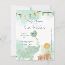 Kute Baby Elephant Balloon Baby Shower-inbjudan