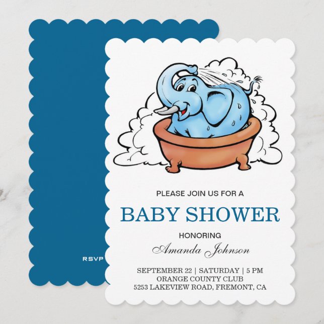 Kute Baby Elephant Bath Tub Baby Shower-inbjudan Inbjudningar (Fram/baksida)