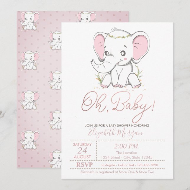 Kute Baby Elephant Dots Baby Shower-inbjudan Inbjudningar (Fram/baksida)