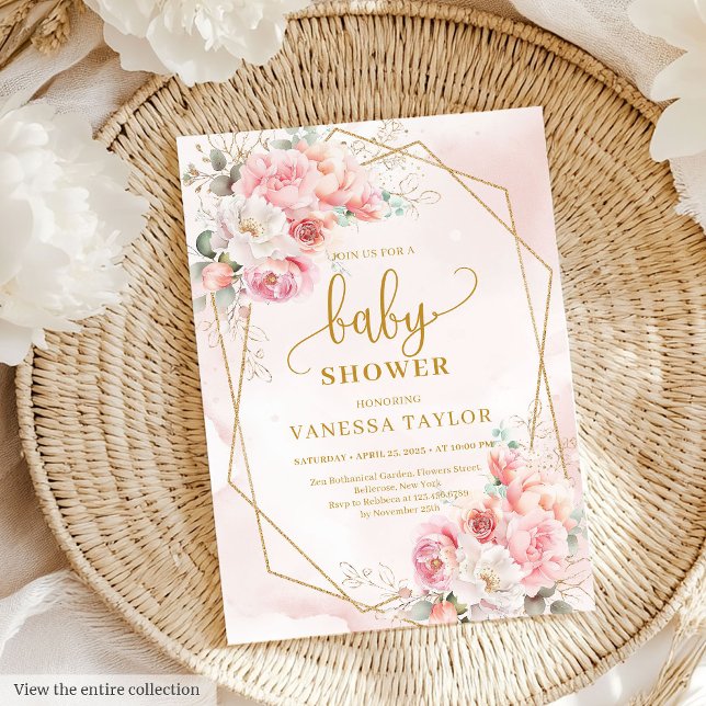 Kute  babydusch för blommigten guld glitter inbjudningar (Cute blush pink gold glitter floral baby shower Invitation)