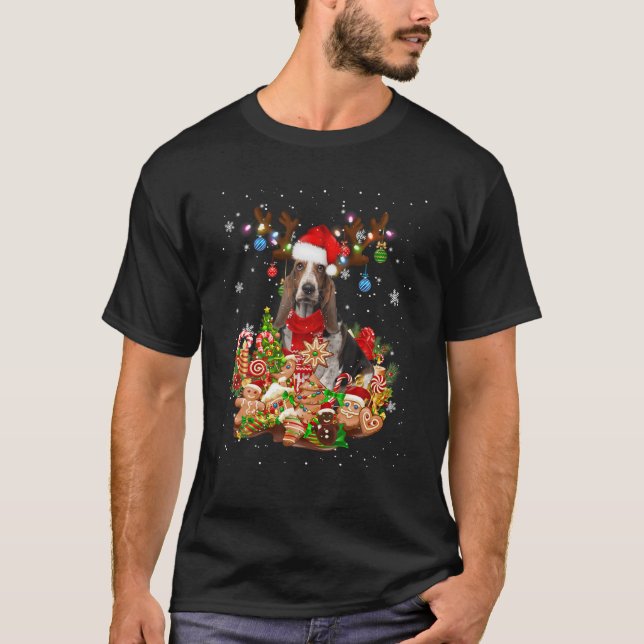 Kute Basset Hound Reindeer jul Lighting Sant T Shirt (Framsida)