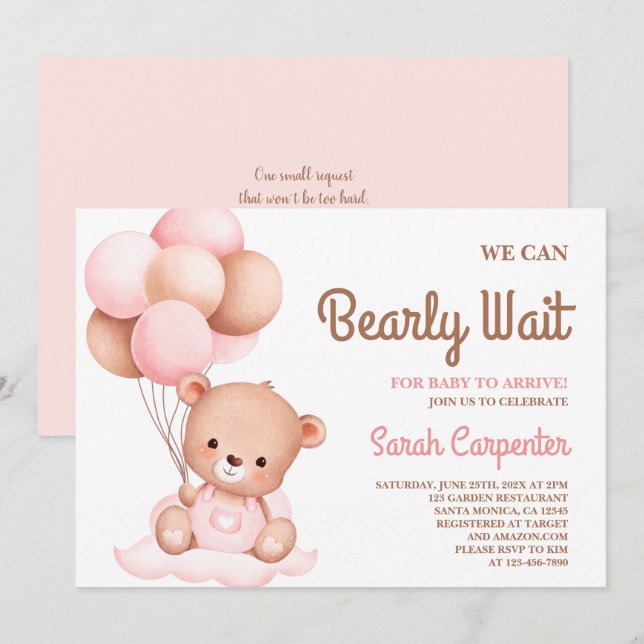 Kute Bear Baby Shower Girl-inbjudan Inbjudningar (Fram/baksida)