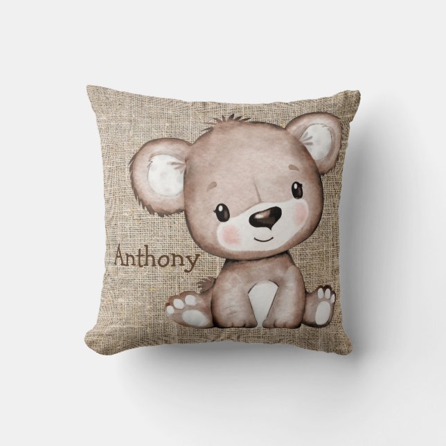 Kute Bear Burlap Rustic Namn Watercolor Kudde (Framsida)