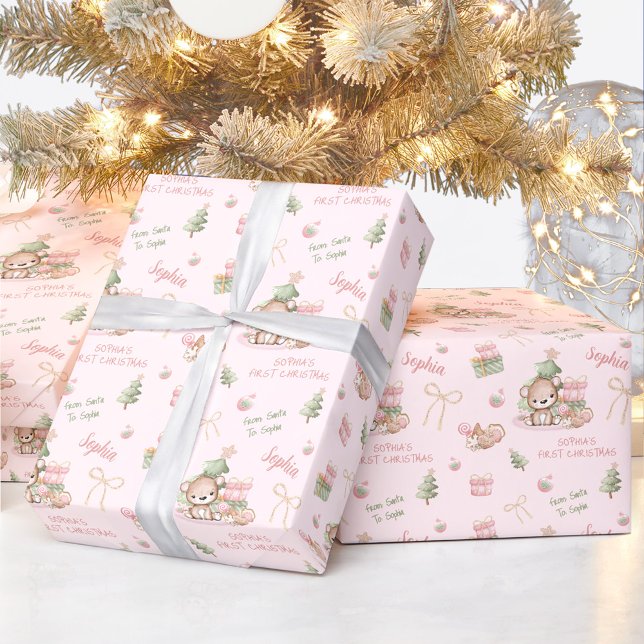 Kute Bear Flicka Rosa Namn Text jul Presentpapper (Cute Bear Baby Girl Pink Name Text Christmas Wrapping Paper)