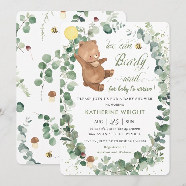 Kute Bear Greenery Gender Neutral Baby Shower Inbjudningar (Fram/baksida)