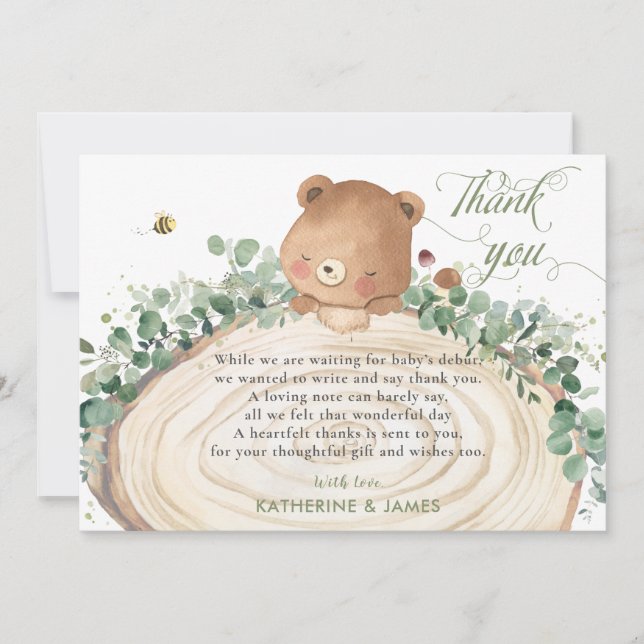 Kute Bear Greenery Gender Neutral Baby Shower Tack Kort (Framsida)