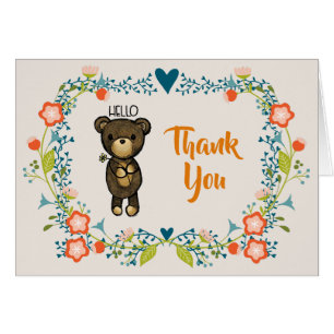 Kute Bear, Gult Flower och Blommigt WAN Tack Hälsningskort