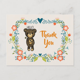 Kute Bear, Gult Flower och Blommigt WAN Tack Vykort