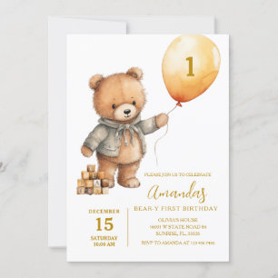 Kute Bear med ballonger första födelsedag Inbjudningar