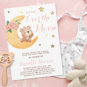 Kute Bear över Måne Baby Shower Girl Inbjudningar