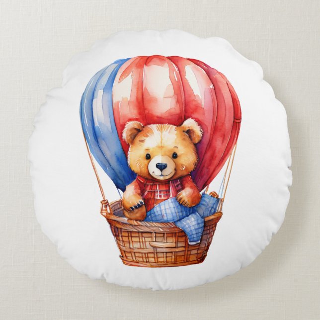 Kute Bear Riding i en Luftballong Pillow Rund Kudde (Framsidan)